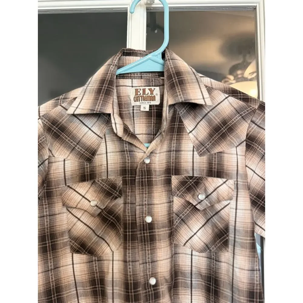 ELY Cattleman Kids Western Pearl Snap Plaid Shirt Brown Long Sleeve Small